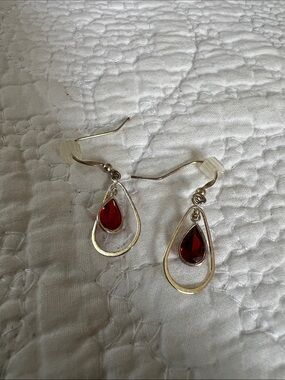 Elegant Silver Teardrop Earrings with Red Gemstones